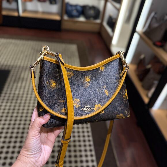 Coach Laurel Small Shoulder Bag Signature Canvas With Floral CCF17 Walnut/Yellow - Picture 5 of 11